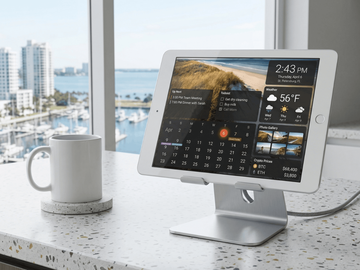Tablet on a stand displaying DAKboard