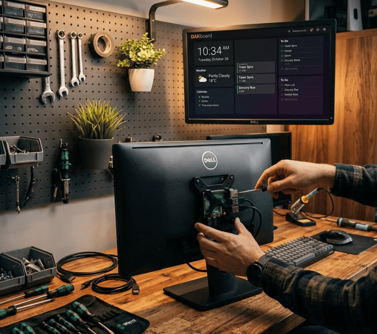 Workshop scene with a DAKboard CPU mounted to a spare monitor
