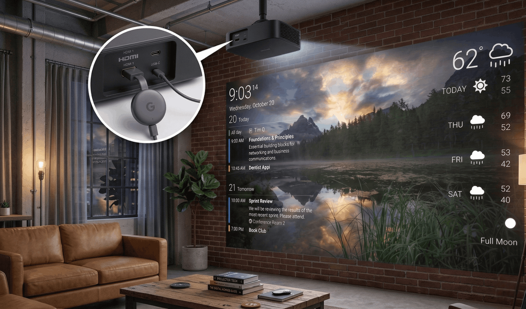 DAKboard being cast from a smartphone to a living-room TV