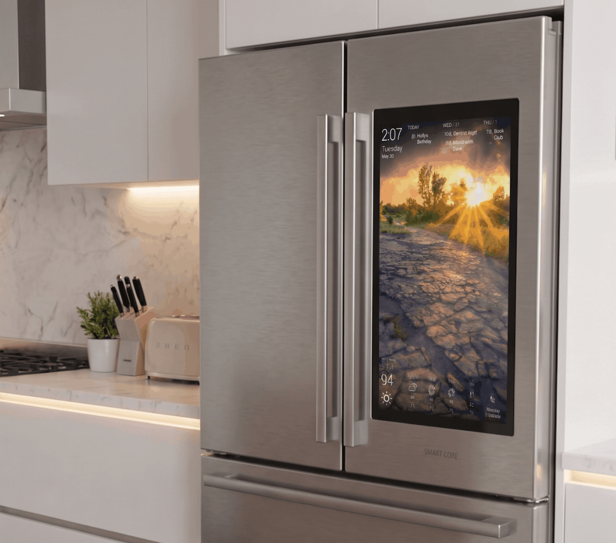 Smart refrigerator touchscreen displaying a DAKboard dashboard